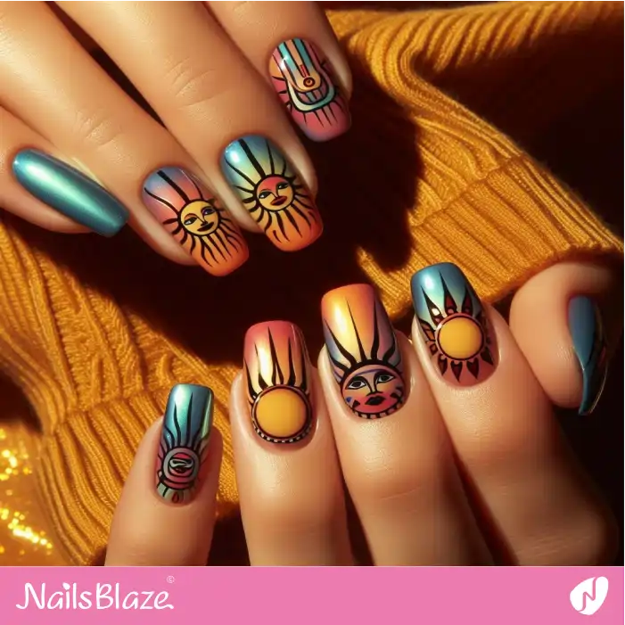 Holographic Sun Faces Nail Art | Tribal - NB1838